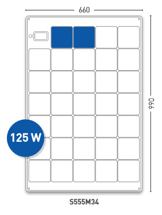 SL618125301 panel solarny Solara S555M34 serii Power M 125W, 12V, klasa morska, wyście kablowe na górze